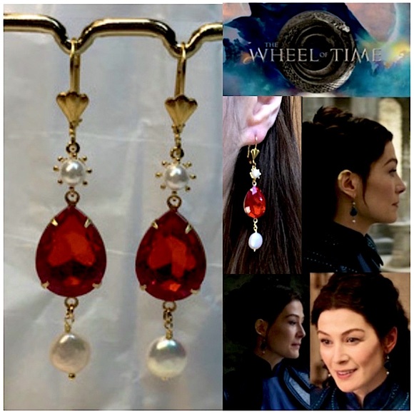 Hand Crafted Jewelry - Moiraine’s Earrings Wheel of Time Teardrop Ruby & Pearls, Handmade Replicas